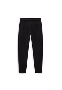Zwarte sweatpants van zachte stof, met een tapered ontwerp, een elastische tailleband en een klein ritszakje op de rug.