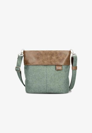Groene stoffen schoudertas met een bruin faux leren accent, verstelbare schouderband en rechthoekige vorm. Voorzien van een opvallend merklabel.