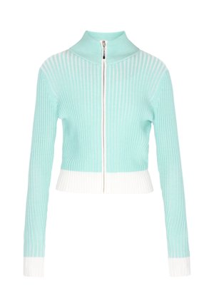 Pulover verde mentă cu fermoar, cu reieșituri și guler înalt, cu accente albe la tiv și mâneci. Prezintă un design mulat, scurtat.
