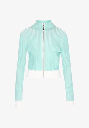 Mátově zelený žebrovaný svetr na zip s vysokým límcem a bílými akcenty na lemu a rukávech. Má přiléhavý, krátký střih.