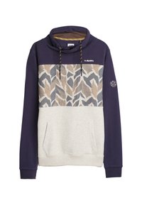 Hoodie met een marineblauwe bovenkant, lichtgrijze onderkant en een middenstuk met bladerenpatroon. Voorzien van een trekkoord en een buidelzak.