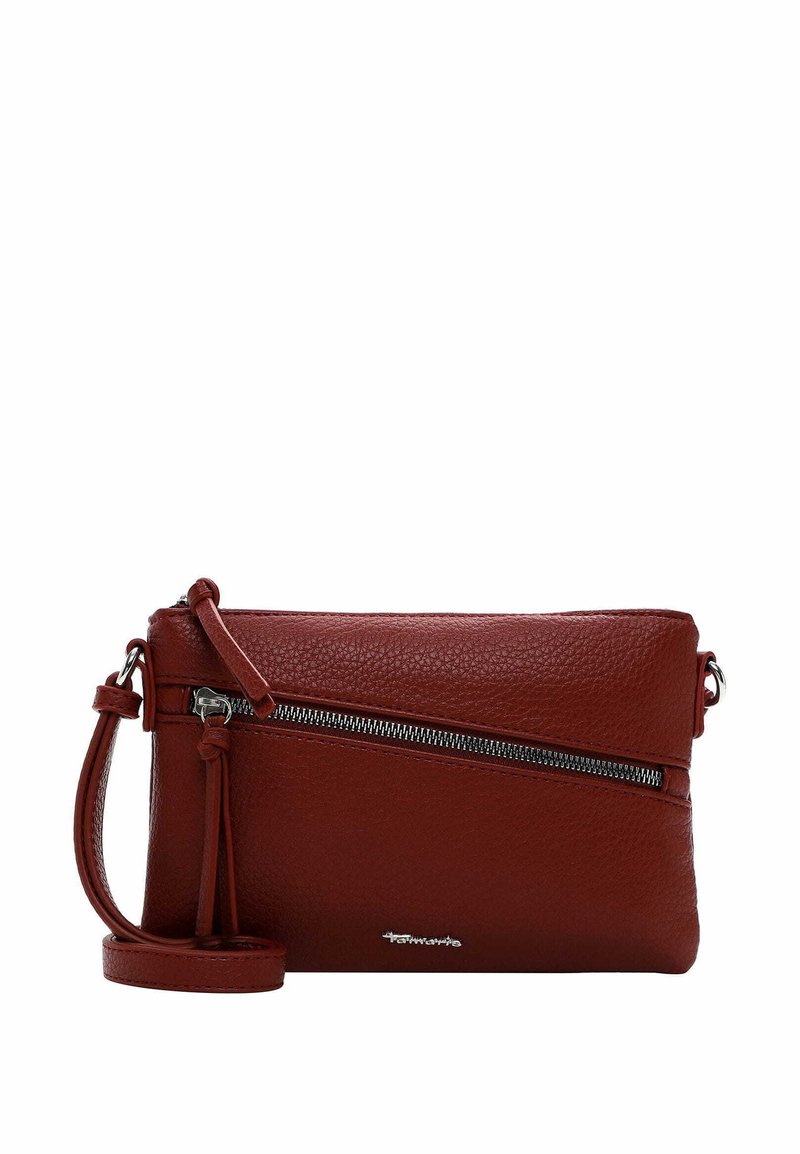 Borsa a tracolla in pelle rossa con superficie testurizzata, tasca con zip sul davanti e tracolla regolabile. Accenti in metallo inclusi.