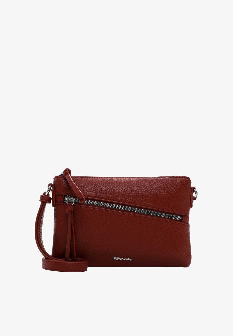 Borsa a tracolla in pelle rossa con superficie testurizzata, tasca con zip sul davanti e tracolla regolabile. Accenti in metallo inclusi.