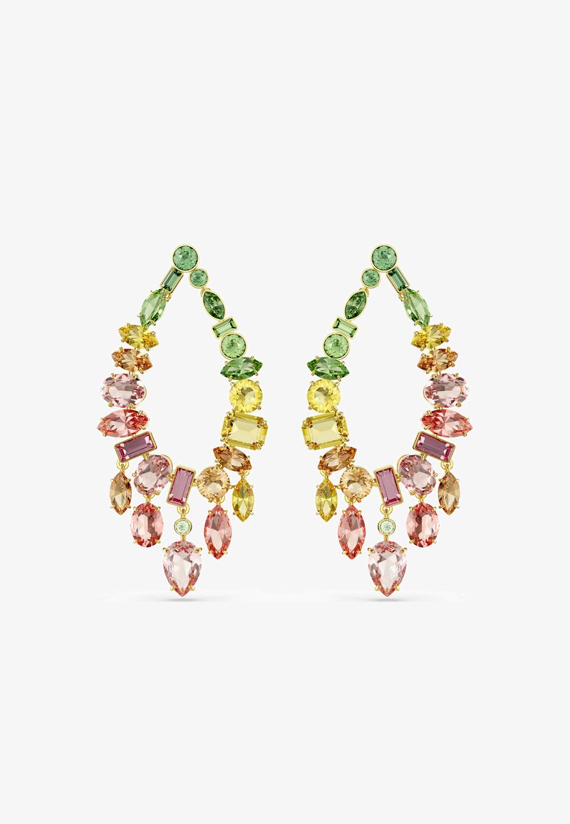Orecchini d'oro con pietre preziose multicolori a cascata in verde, giallo, rosa e arancione, disposte in varie forme e dimensioni.