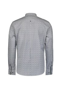 Langarmhemd aus Stoff mit einem detaillierten blauen und weißen geometrischen Muster. Verfügt über einen klassischen Kragen und knöpfbare Manschetten.
