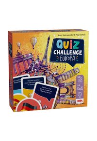 Quiz Challenge Europa game box featuring colorful graphics of landmarks, cards in various colors, and key details visible on the packaging.