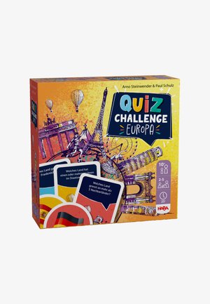 Quiz Challenge Europa game box featuring colorful graphics of landmarks, cards in various colors, and key details visible on the packaging.