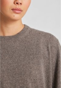 Hnědý pletený svetr s kulatým výstřihem. Tkanina má jemnou texturu a jemné barevné variace, které zobrazuje klasický design.