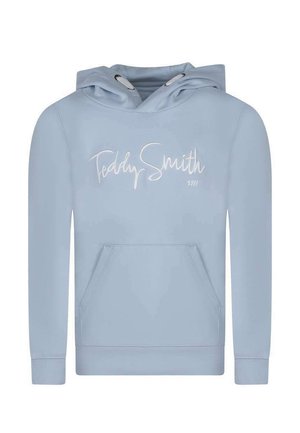Sweat à capuche bleu clair avec poche avant et inscription blanche "Teddy Smith 1787" sur la poitrine, doté d'une capuche avec cordons blancs.