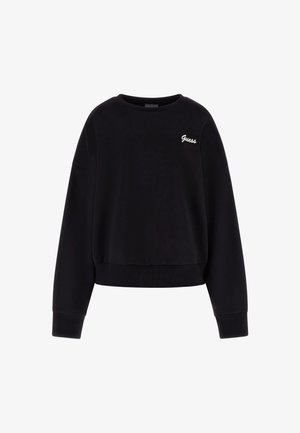 Svart kort sweatshirt i mjukt tyg med rund halsringning, långa ärmar, ribbade ärmslut och broderad "Guess"-logotyp på bröstet.