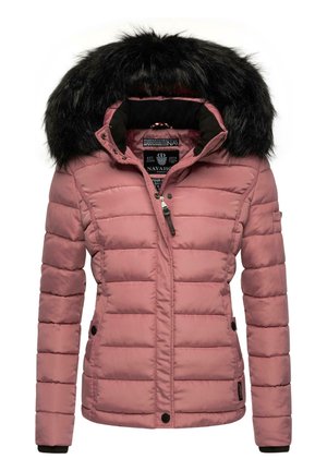 Puffer jacket in soft pink, featuring a black faux fur hood, quilted texture, front zip closure, and side pockets with button accents.