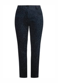 Pantalones de mezclilla oscura con un sutil patrón de hojas, diseño ajustado, bolsillos frontales y cierre de un botón. Tejido texturizado.