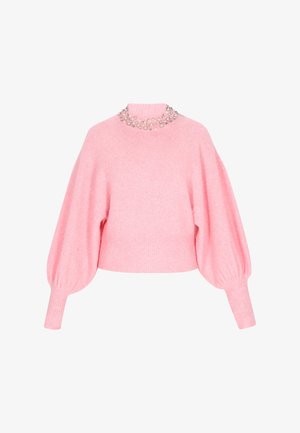 Rosa plüschiger Pullover mit Ballonärmeln, gerippten Bündchen und Saum sowie einem hohen Kragen, der mit gruppierten Perlen- und Strassverzierungen geschmückt ist.