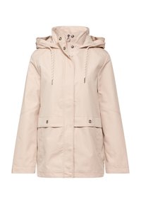 Beige vattentät jacka med huva, dragkedja och knappstängning, framfickor och snörningar. Slät tyg med en avslappnad passform.