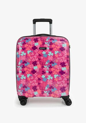 Hartschalenkoffer mit leuchtend pinkem Boden, der ein florales Muster in Lila, Blau und Hellpink aufweist. Ausziehbarer Griff und vier Rollen.