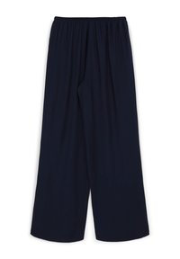 Pantaloni a gamba larga in navy, realizzati in un tessuto morbido. Presentano un cintura elastica e una texture liscia, con una silhouette fluida e senza decorazioni visibili.