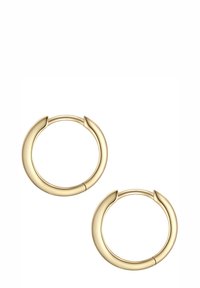 Zlatne kružne naušnice s glatkim, zaobljenim dizajnom i oštrim naglascima. Naušnice imaju sigurno kopčanje i simetrične su.