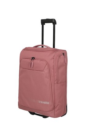 Valigia rosa con ruote, manico retrattile, chiusura a doppia zip, tasca frontale e tessuto testurizzato. Presenta un logo sul lato.