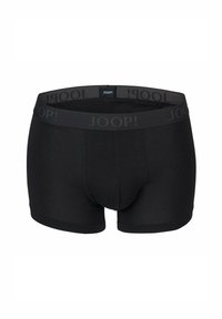 Black cotton boxer briefs with a smooth texture, featuring a gray waistband embossed with the logo "JOOP!" in a repeating pattern.