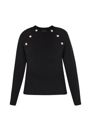 Suéter negro de manga larga, con cuello redondo y detalles en botones dorados en los hombros. Tejido suave con un diseño clásico y entallado.