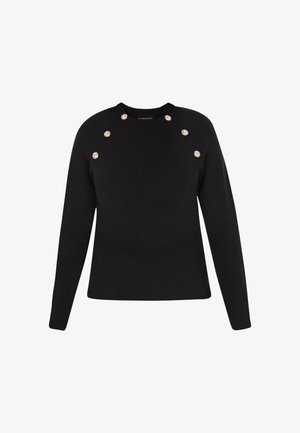 Sort sweater med lange ærmer, rund halsudskæring og guldknapdetaljer på skuldrene. Blødt stof med et klassisk, tætsiddende design.
