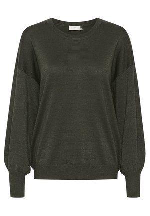 Übergroßer dunkelgrüner Pullover aus strukturiertem, metallischem Material mit langen Ärmeln und Rundhalsausschnitt. Mit gerippten Bündchen und Saum.