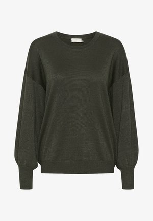 Maglione oversize verde scuro realizzato in tessuto metallico testurizzato, con maniche lunghe e scollatura arrotondata. Caratterizzato da polsini e orlo a coste.