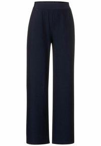 Marinblå vida byxor i ribbat tyg, med en slät midja och minimalistisk sömnadsdetalj.