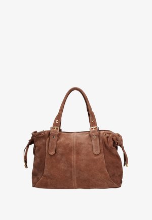 Sac à main en daim marron avec ferrures dorées, double poignée et accents à cordon latéral. Dispose d'une forme spacieuse et structurée.