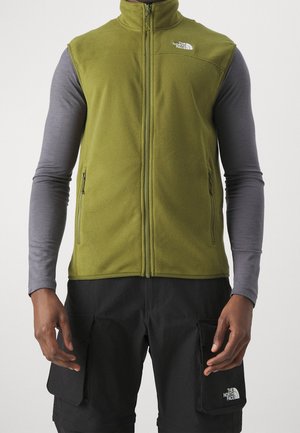Mann trägt eine olivgrüne ärmellose Fleeceweste über einem grauen Langarmshirt und schwarzen Cargo-Shorts mit The North Face Logos.