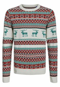 Gebreide trui met een geometrisch patroon in rood, groen en wit, voorzien van rendiermotieven en geribbelde boorden en zoom. Gemaakt van een katoenmix.
