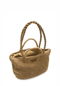 Borsa a spalla in paglia intrecciata con manici intrecciati, chiusura con zip e interno in tessuto beige. Include un dettaglio in pelle.