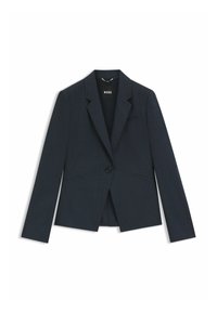 Blazer blu navy scuro con rever a lancia, chiusura con un bottone singolo e due tasche frontali. Realizzato in tessuto strutturato, vestibilità sartoriale.