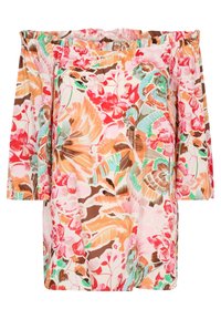 Haut imprimé floral avec encolure élastique épaules dénudées, mettant en valeur des couleurs vives comme le rose, le rouge, le marron et la menthe sur un fond clair.