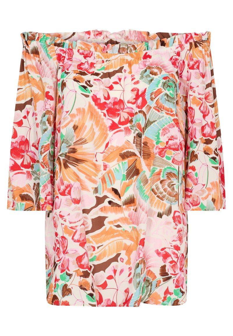 Haut imprimé floral avec encolure élastique épaules dénudées, mettant en valeur des couleurs vives comme le rose, le rouge, le marron et la menthe sur un fond clair.