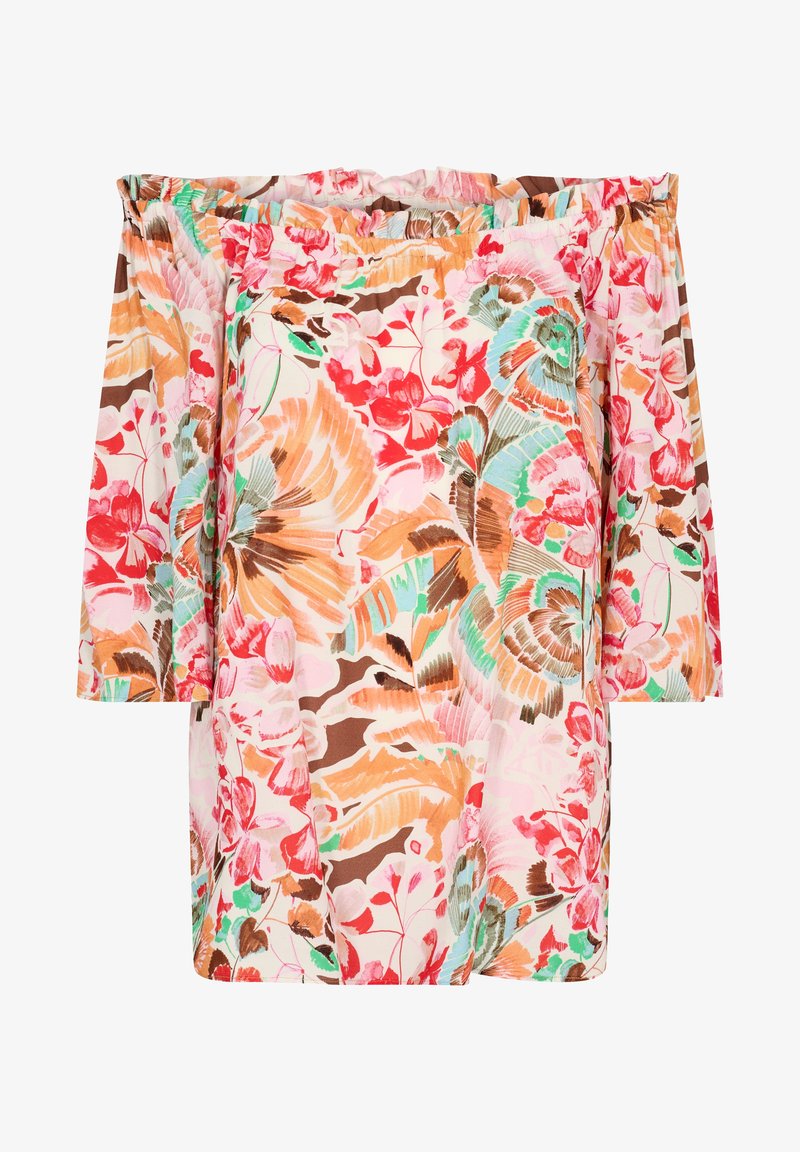 Haut imprimé floral avec encolure élastique épaules dénudées, mettant en valeur des couleurs vives comme le rose, le rouge, le marron et la menthe sur un fond clair.