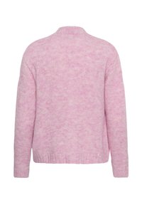 Cardigan rosa lavorato a maglia, texture morbida, vestibilità oversize, scollo tondo, maniche lunghe, orlo a coste, con un delicato motivo degradé.