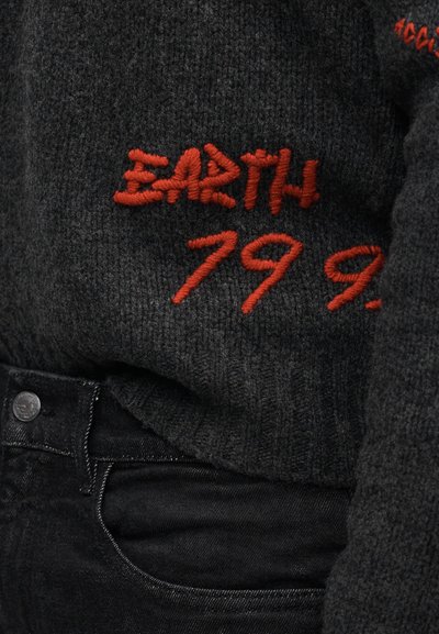 Grå striktrøje med rødt broderet tekst "EARTH 79.9" på ærmet; båret sammen med sorte jeans synlige ved taljen, med en metalknap.