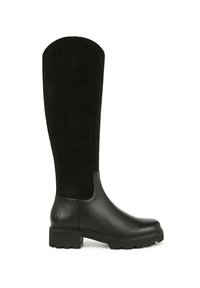 Stivale nero al ginocchio con sezione inferiore in pelle liscia e parte superiore in suede. Suola in gomma spessa per trazione e durata.
