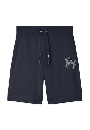 Pantaloni corti blu navy realizzati in morbido tessuto, con vita regolabile tramite cordino e un contorno di logo in strass sulla tasca anteriore sinistra.