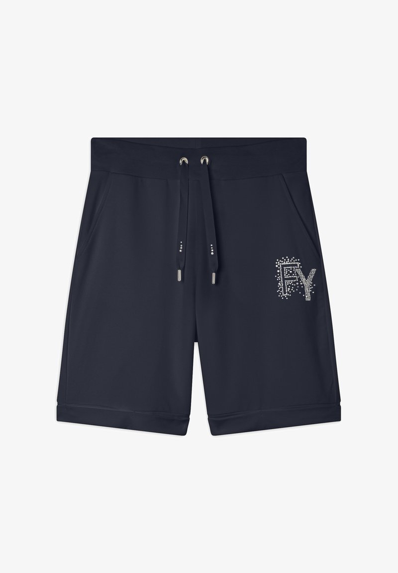 Shorts bleu marine en tissu doux, avec une taille élastique à cordon de serrage et un contour de logo en strass sur la poche avant gauche.