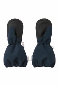 Marineblaue Fäustlinge mit einer schwarzen, strukturierten Handinnenfläche, ausgestattet mit elastischen Bündchen und Knebeln an den Handgelenken für einen sicheren Sitz. Strapazierfähiges Außenmaterial.