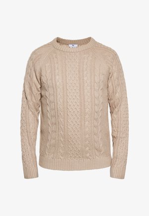 Beżowy sweter w splot warkoczowy z okrągłym dekoltem, długimi rękawami i ściągaczem na dole. Ma różnorodne teksturowe wzory na całym materiale.