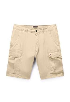 Bézs színű cargo rövidnadrág oldalzsebekkel, első zsebekkel, övbújtatókkal, és egy kis norvég zászlóval a jobb oldali zsebfedőn.