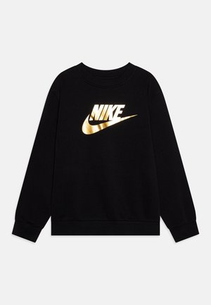 Sort langærmet sweatshirt med en skinnende gylden Nike-logo placeret midt på brystet, med rund hals og ribstrikkede manchetter og kant.