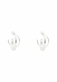 Orecchini a cerchio in argento con un design unico e intrecciato, caratterizzati da una finitura liscia e lucida e da chiusure a perno sicure.