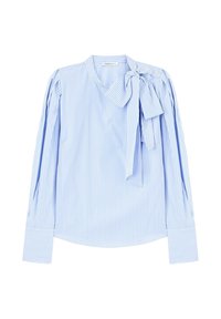 Blau-weiß gestreifte Bluse mit langen Ärmeln, einer Schleifendetail an der linken Schulter und Knopfakkzenten an der Schulter und den Manschetten.