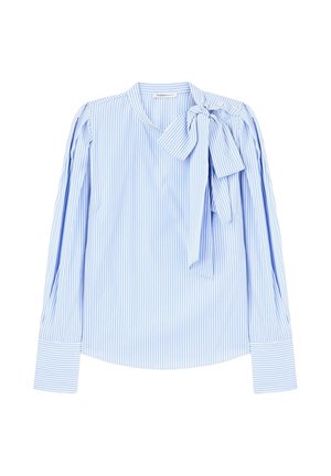 Blau-weiß gestreifte Bluse mit langen Ärmeln, einer Schleifendetail an der linken Schulter und Knopfakkzenten an der Schulter und den Manschetten.