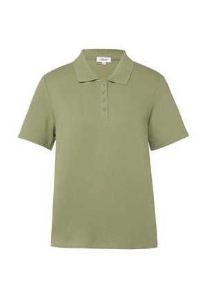 Oliwkowa koszulka polo z krótkim rękawem, kołnierzykiem i czteroguzikową plisą, wykonana z teksturowanej tkaniny, metka marki wewnątrz kołnierzyka.