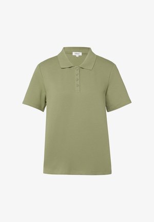 Olivgrünes Poloshirt mit kurzen Ärmeln, Kragen und vier Knöpfen, aus strukturiertem Stoff, Markenlabel im Inneren des Kragens.